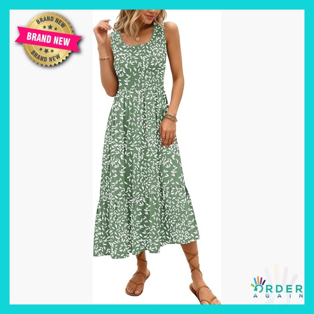 Sleeveless Maxi Dress Smocked Empire Waist Tiered Summer Sundress with Pockets